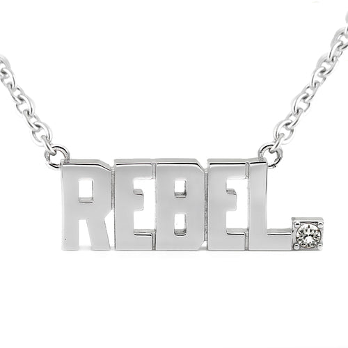 REBEL Pendant Block Letter Necklace with crystal