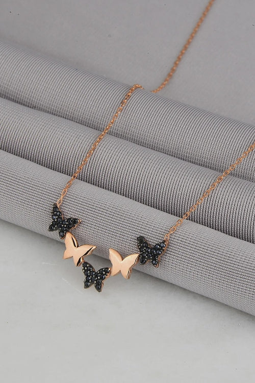 Rose Gold Butterfly Necklace Black Stone Sterling Silver Pendant