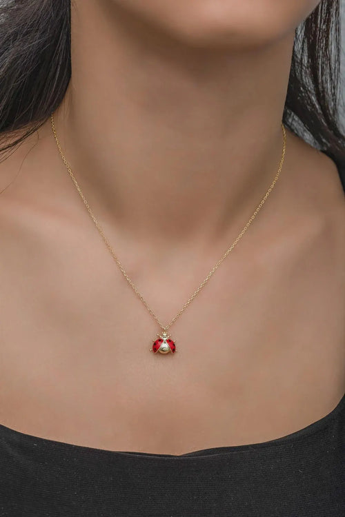 Sterling Silver Ladybug Necklace Rhodium Plated Lucky Charm