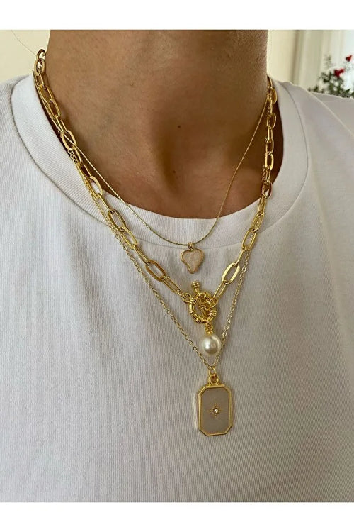 Pole Star Pearl Enamel Necklace Set Three Piece Layered Jewelry