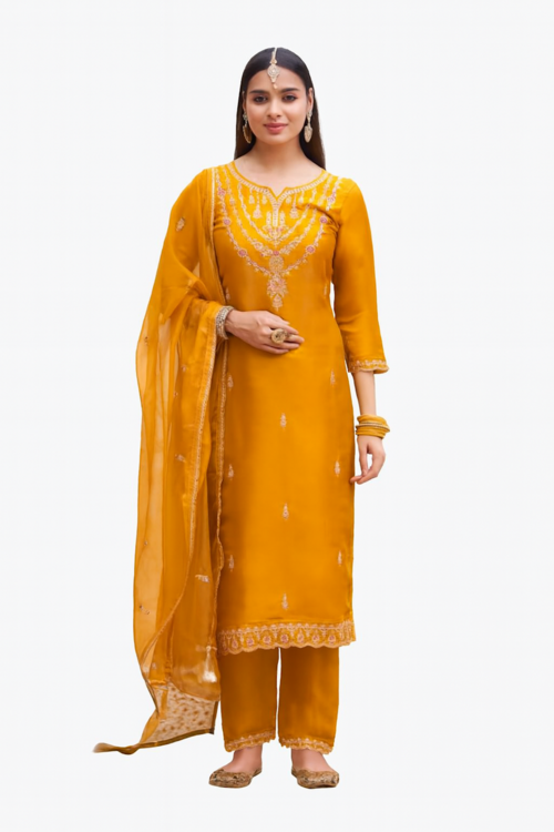 Embroidered Festive Kurta Set for Women-Mustard (Size-XS) | D143